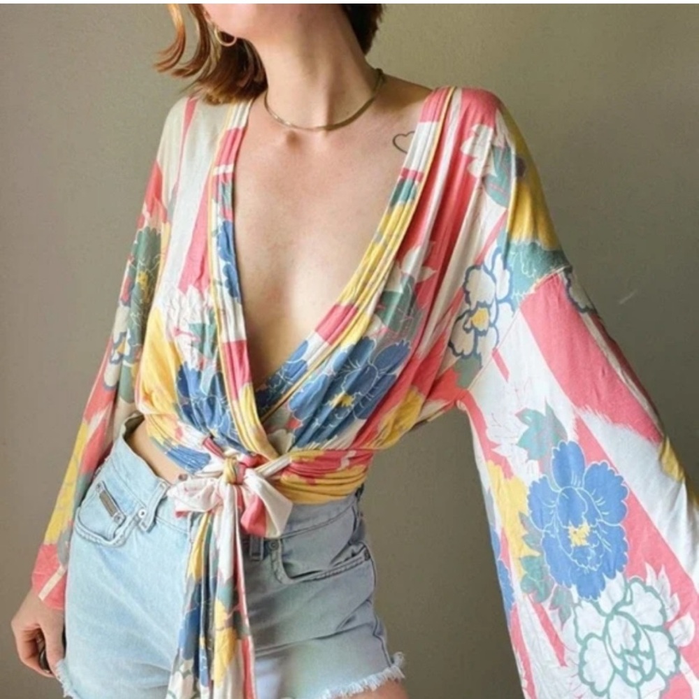Free People Multicolor Floral Wrap Blouse